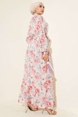 Karmaşık Çiçek Desenli Elbise Mavi - Tesettür Elbise