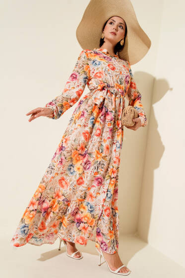 Karmaşık Çiçek Desenli Elbise Oranj - Elbise