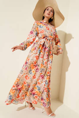 Karmaşık Çiçek Desenli Elbise Oranj