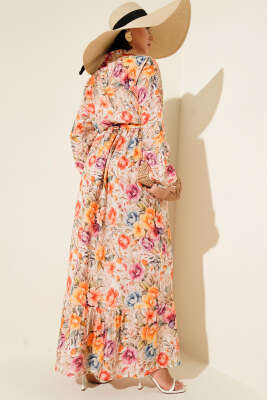 Karmaşık Çiçek Desenli Elbise Oranj - Tesettür Elbise