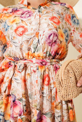 Karmaşık Çiçek Desenli Elbise Oranj - Tesettür Elbise