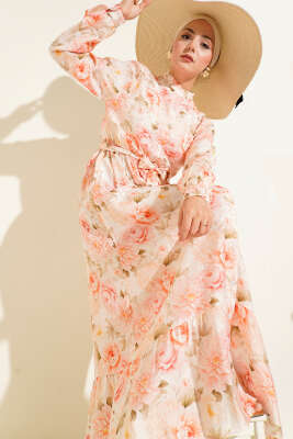 Karmaşık Çiçek Desenli Elbise Pudra 