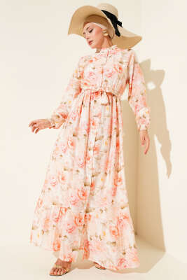 Karmaşık Çiçek Desenli Elbise Pudra - Tesettür Elbise