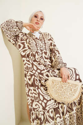 Karmaşık Desenli V Yaka Elbise Kahve