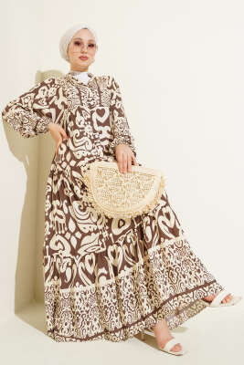 Karmaşık Desenli V Yaka Elbise Kahve - Tesettür Elbise