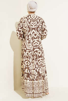 Karmaşık Desenli V Yaka Elbise Kahve - Tesettür Elbise