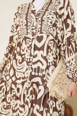 Karmaşık Desenli V Yaka Elbise Kahve - Tesettür Elbise