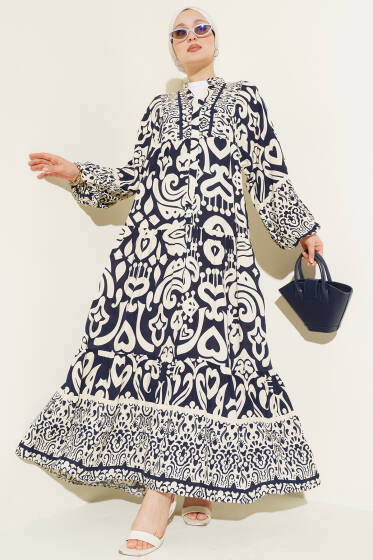 Karmaşık Desenli V Yaka Elbise Lacivert - Elbise