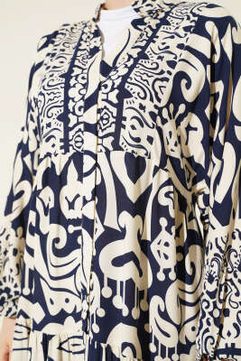 Karmaşık Desenli V Yaka Elbise Lacivert - Tesettür Elbise