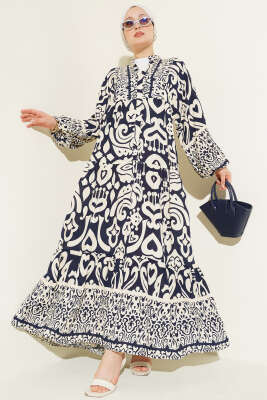 Karmaşık Desenli V Yaka Elbise Lacivert - MUSTİ