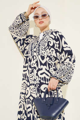 Karmaşık Desenli V Yaka Elbise Lacivert - Tesettür Elbise