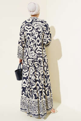 Karmaşık Desenli V Yaka Elbise Lacivert - Tesettür Elbise