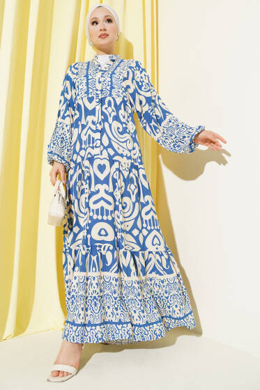 Karmaşık Desenli V Yaka Elbise Mavi - Elbise