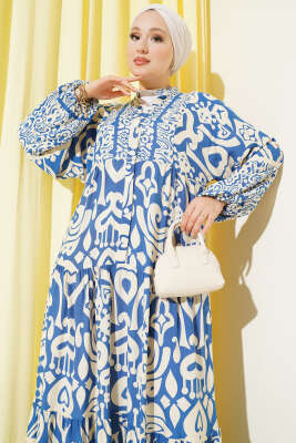 Karmaşık Desenli V Yaka Elbise Mavi - Tesettür Elbise
