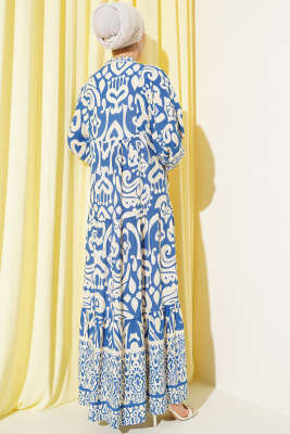 Karmaşık Desenli V Yaka Elbise Mavi - Tesettür Elbise