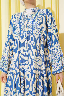 Karmaşık Desenli V Yaka Elbise Mavi - Tesettür Elbise