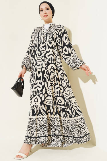 Karmaşık Desenli V Yaka Elbise Siyah - Elbise