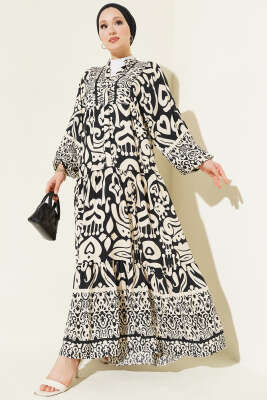 Karmaşık Desenli V Yaka Elbise Siyah 