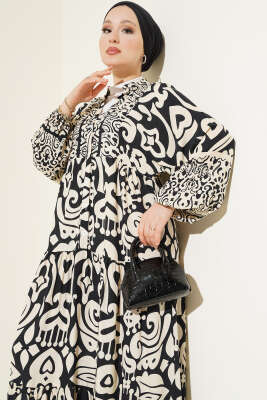Karmaşık Desenli V Yaka Elbise Siyah - Tesettür Elbise
