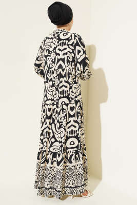 Karmaşık Desenli V Yaka Elbise Siyah - Tesettür Elbise