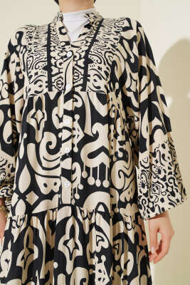 Karmaşık Desenli V Yaka Elbise Siyah - Tesettür Elbise