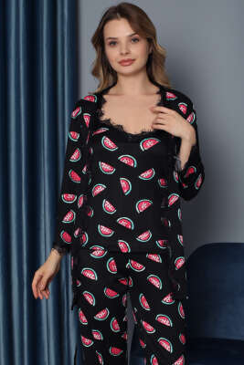 Karpuz Desenli Sabahlıklı 3'lü Pijama Takımı Siyah - Pijama & Gecelik