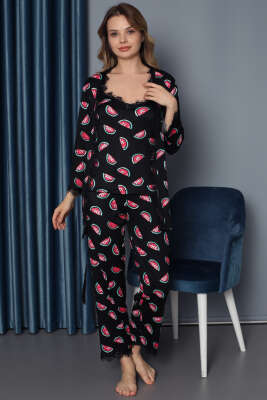 Karpuz Desenli Sabahlıklı 3'lü Pijama Takımı Siyah - Pijama & Gecelik