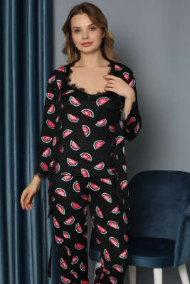 Karpuz Dilim Baskılı Sabahlıklı 3'lü Pijama Takım Siyah - Kadın Pijama Takımı