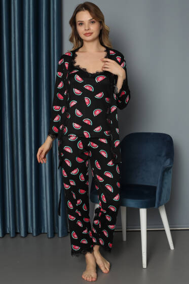 Karpuz Dilim Baskılı Sabahlıklı 3'lü Pijama Takım Siyah - Pijama & Gecelik