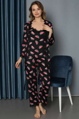 Karpuz Dilim Baskılı Sabahlıklı 3'lü Pijama Takım Siyah - Pijama