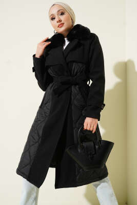 Kaşe Detaylı Yaka Kürklü Kapitone Mont Siyah - MUSTİ