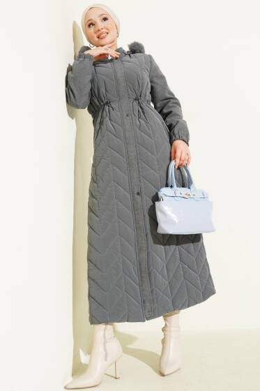 Kaşe Garnili Kapüşonlu Kapitone Uzun Mont Gri - Mont