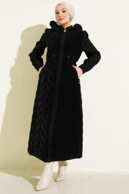 Kaşe Garnili Kapüşonlu Kapitone Uzun Mont Siyah 