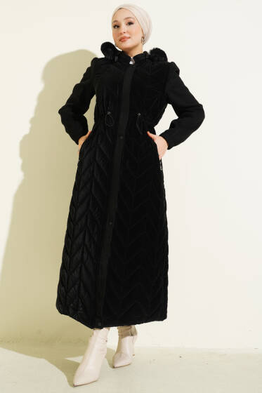 Kaşe Garnili Kapüşonlu Kapitone Uzun Mont Siyah - Mont