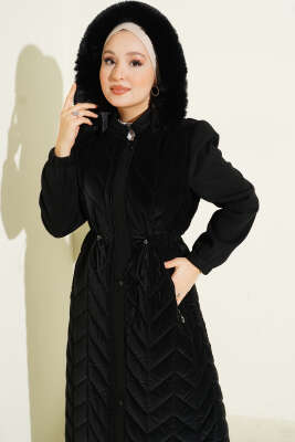 Kaşe Garnili Kapüşonlu Kapitone Uzun Mont Siyah - Mont