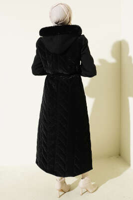 Kaşe Garnili Kapüşonlu Kapitone Uzun Mont Siyah - Mont