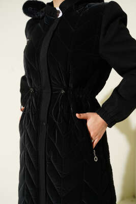 Kaşe Garnili Kapüşonlu Kapitone Uzun Mont Siyah - Mont