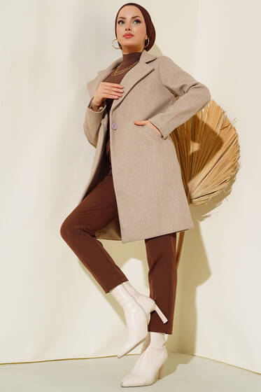 Kaşe Tek Düğmeli Kaban Bej - Kaban