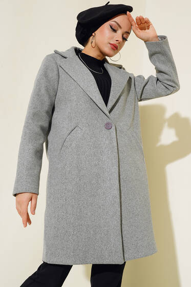 Kaşe Tek Düğmeli Kaban Melanj Gri - Kaban