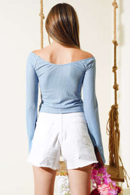 Kaşkorse Bileği Yırtmaçlı Body Mavi - Kadın Giyim Modelleri