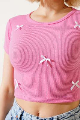 Kaşkorse Fiyonklu Crop Pembe - Kadın Giyim Modelleri