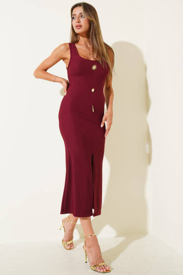 Kaşkorse Gold Düğme Detaylı Elbise Bordo - Kadın Giyim Modelleri