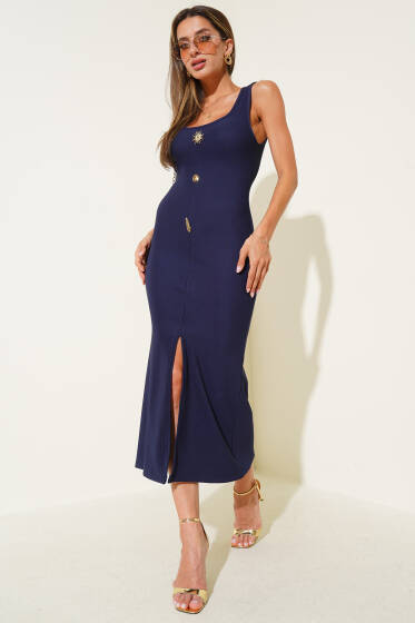 Kaşkorse Gold Düğme Detaylı Elbise Lacivert - Kadın Giyim Modelleri