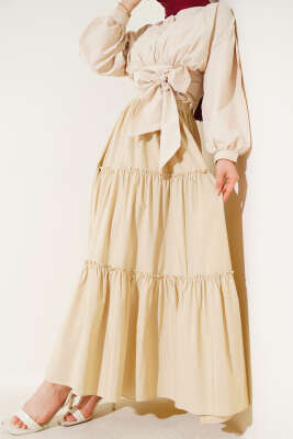 Kat Büzgülü Etek Bej