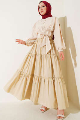 Kat Büzgülü Etek Bej - Uzun Etek