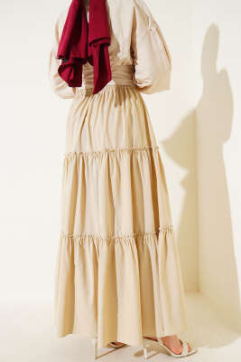 Kat Büzgülü Etek Bej - Uzun Etek