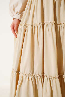 Kat Büzgülü Etek Bej - Uzun Etek