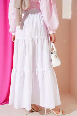 Kat Büzgülü Etek Beyaz - Uzun Etek