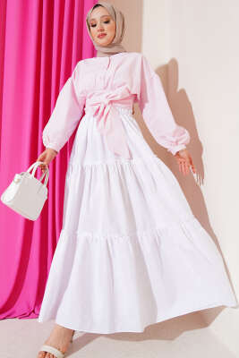 Kat Büzgülü Etek Beyaz - Uzun Etek