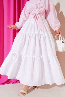 Kat Büzgülü Etek Beyaz - ZAMANE (QSS)